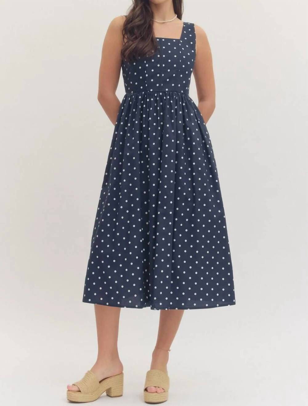 NEW ENTRO polka dot sleeveless dress in navy